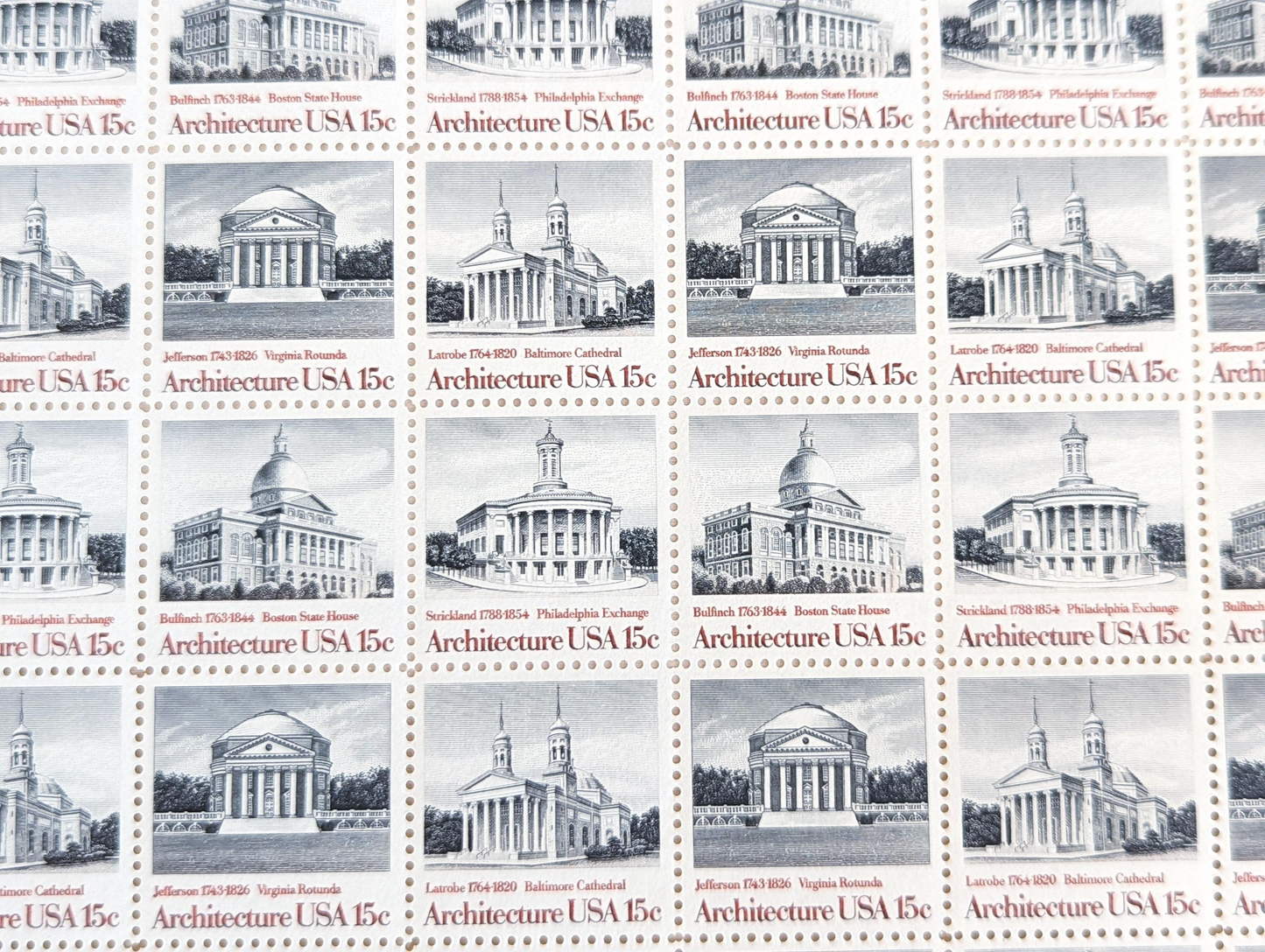 Architecture, Vintage Unused USPS 15 Cent Postage Stamps, American Architecture (Boston State House, Philadelphia Exchange, Baltimore Cathedral, Virginia Rotunda), 1979, Gummed