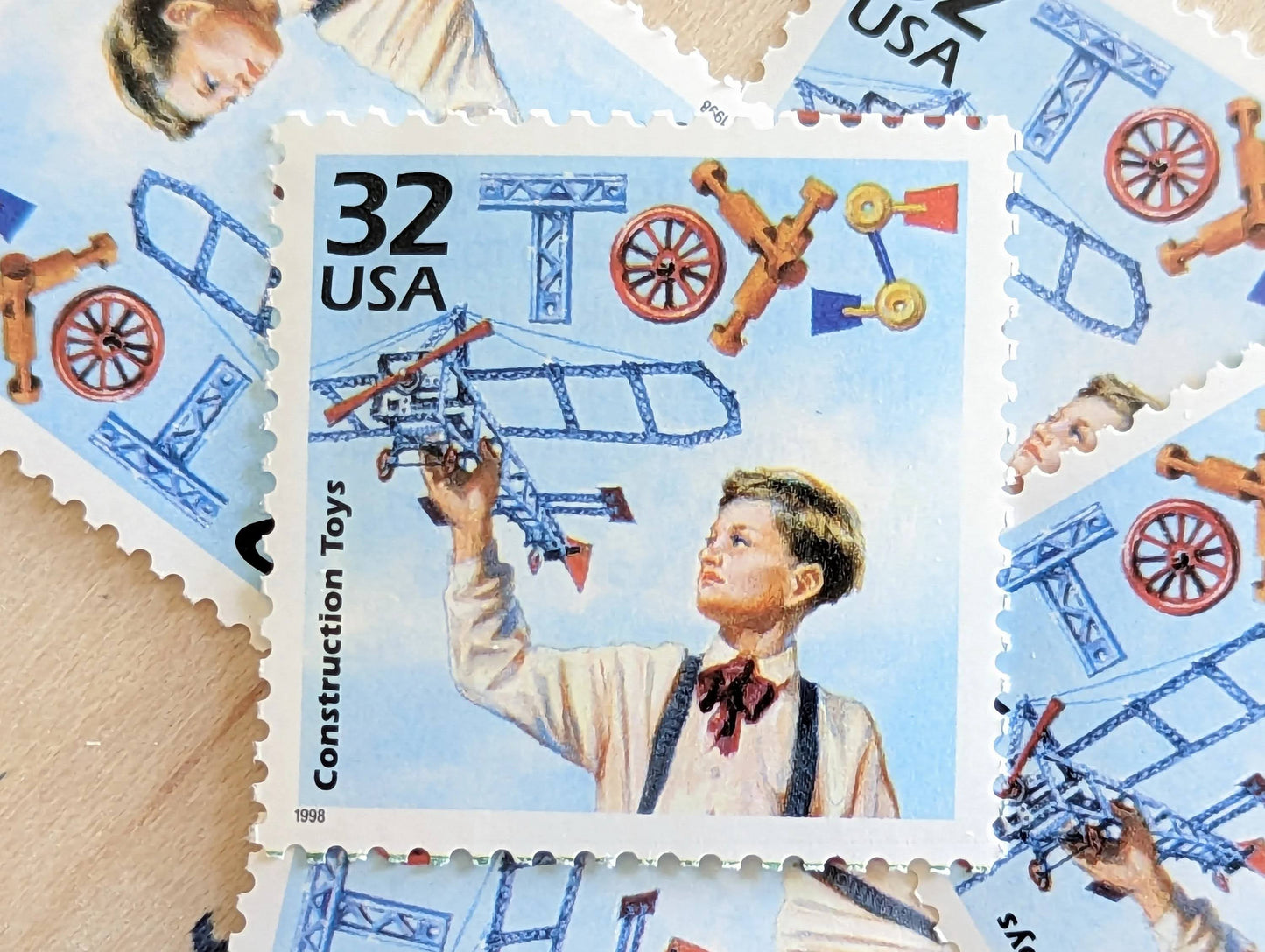 Construction Toys, Set of 5, Vintage Unused USPS 32 Cent Postage Stamps, 1910s Celebrate the Century Stamps 1998, Gummed