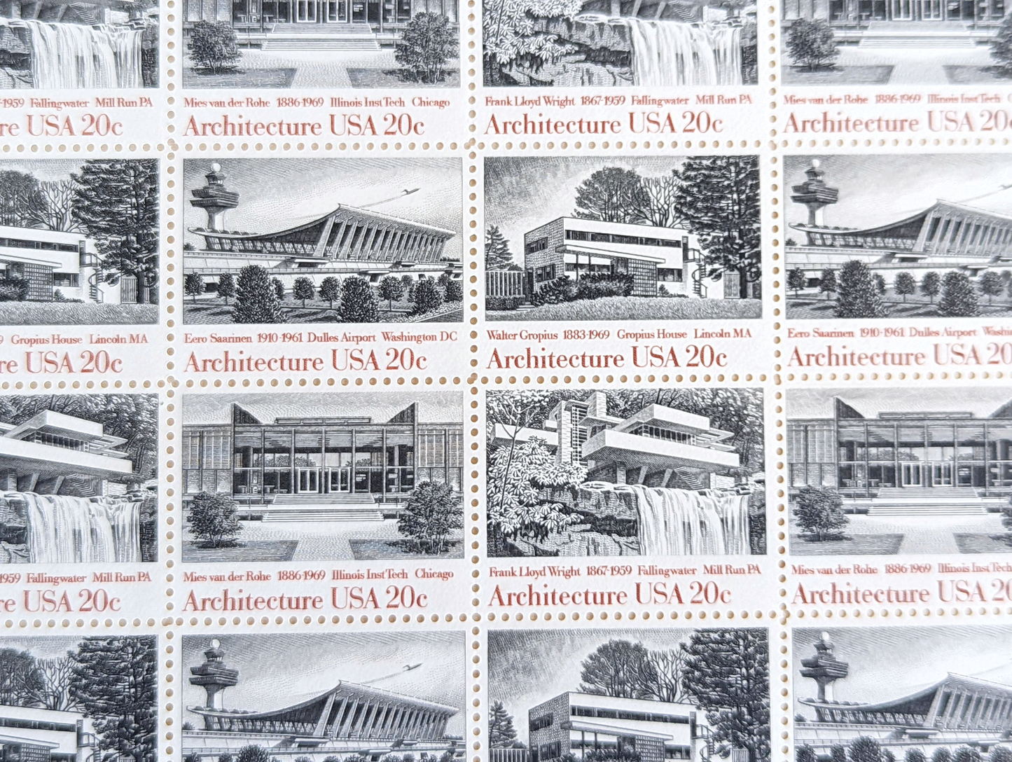 Architecture, Vintage Unused USPS 20 Cent Postage Stamps, American Architecture (Gropius House, Dulles Airport, Fallingwater, Illinois Inst Tech), 1982, Gummed