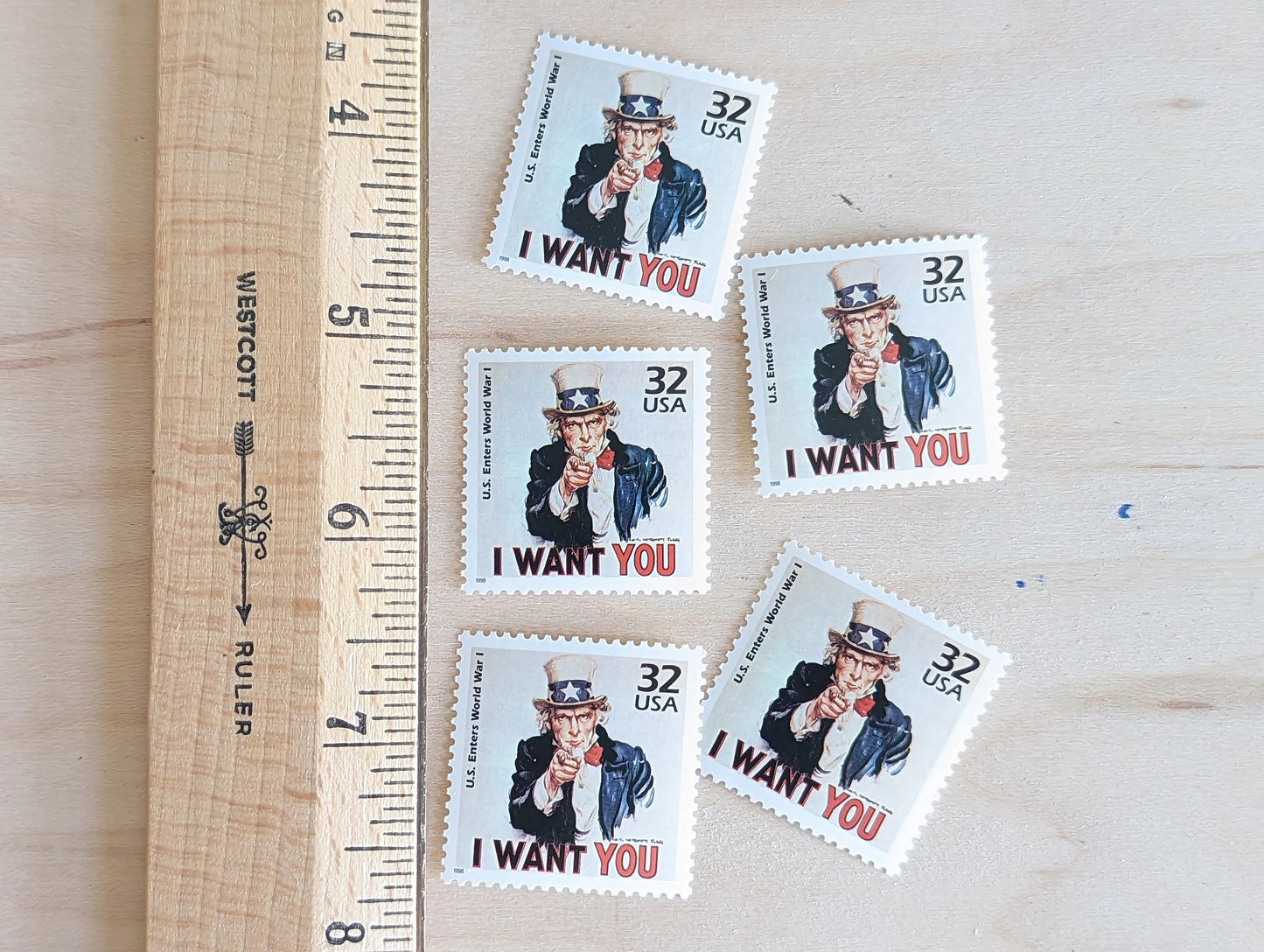 WWI "I Want You", Set of 5, Vintage Unused USPS 32 Cent Postage Stamps, 1910s Celebrate the Century Series 1998, Gummed