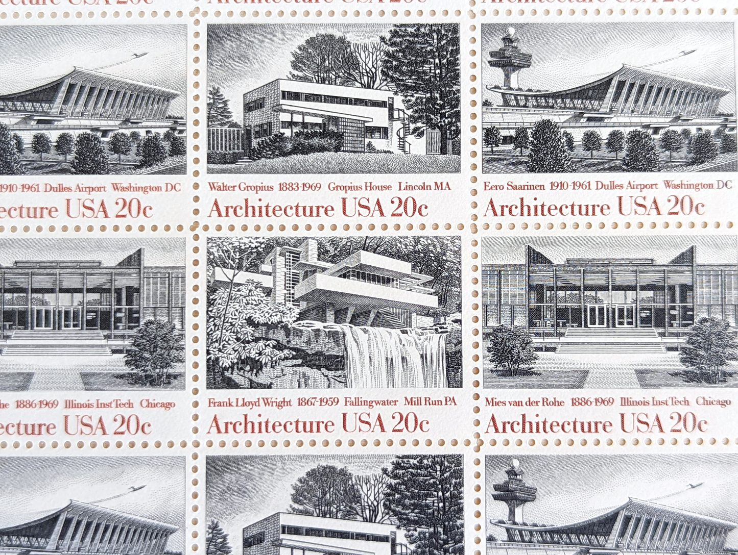 Architecture, Vintage Unused USPS 20 Cent Postage Stamps, American Architecture (Gropius House, Dulles Airport, Fallingwater, Illinois Inst Tech), 1982, Gummed
