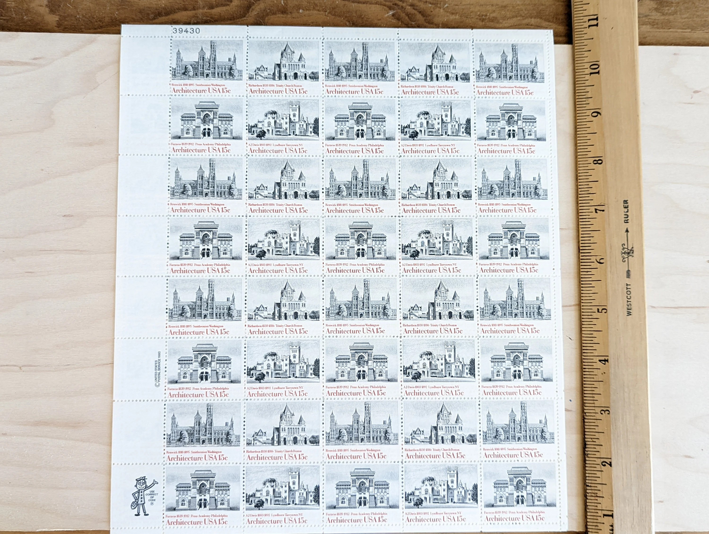 Architecture, Vintage Unused USPS 15 Cent Postage Stamps, American Architecture (Smithsonian, Trinity Church Boston, Penn Academy and Lyndhurst), 1980, Gummed