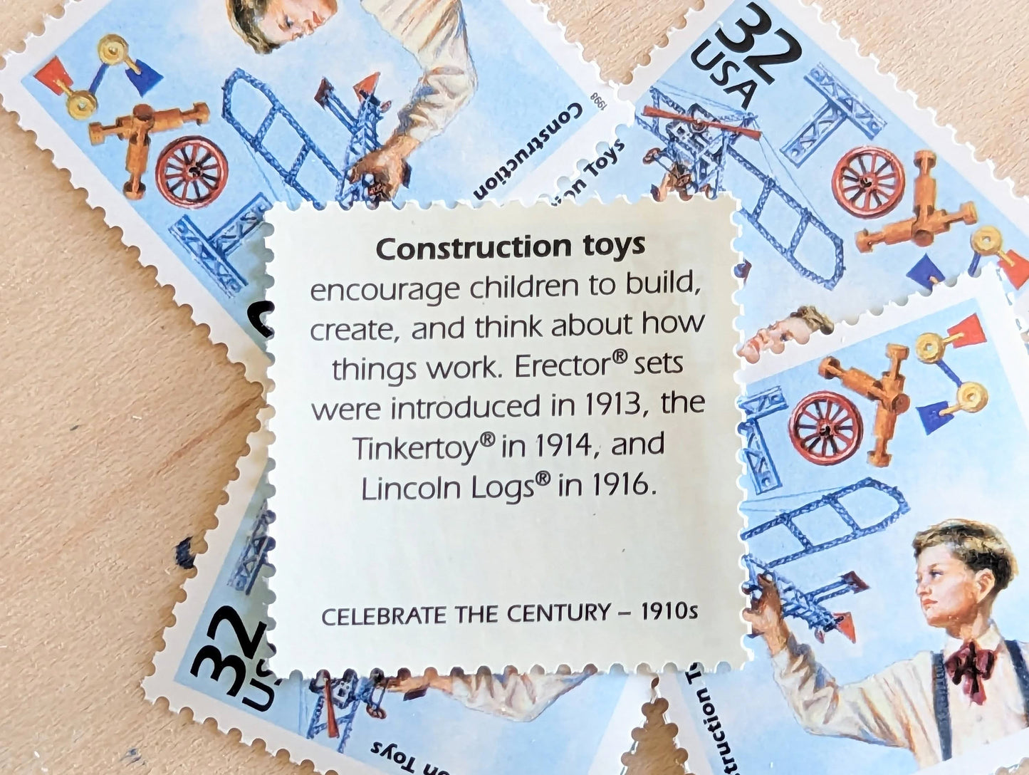 Construction Toys, Set of 5, Vintage Unused USPS 32 Cent Postage Stamps, 1910s Celebrate the Century Stamps 1998, Gummed