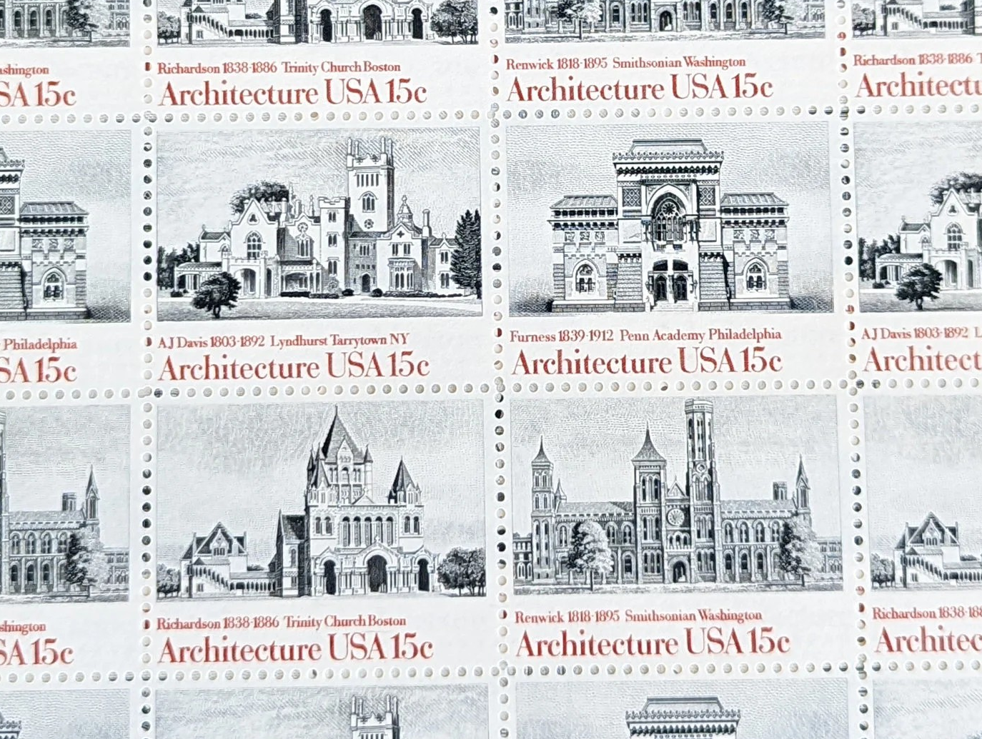 Architecture, Vintage Unused USPS 15 Cent Postage Stamps, American Architecture (Smithsonian, Trinity Church Boston, Penn Academy and Lyndhurst), 1980, Gummed