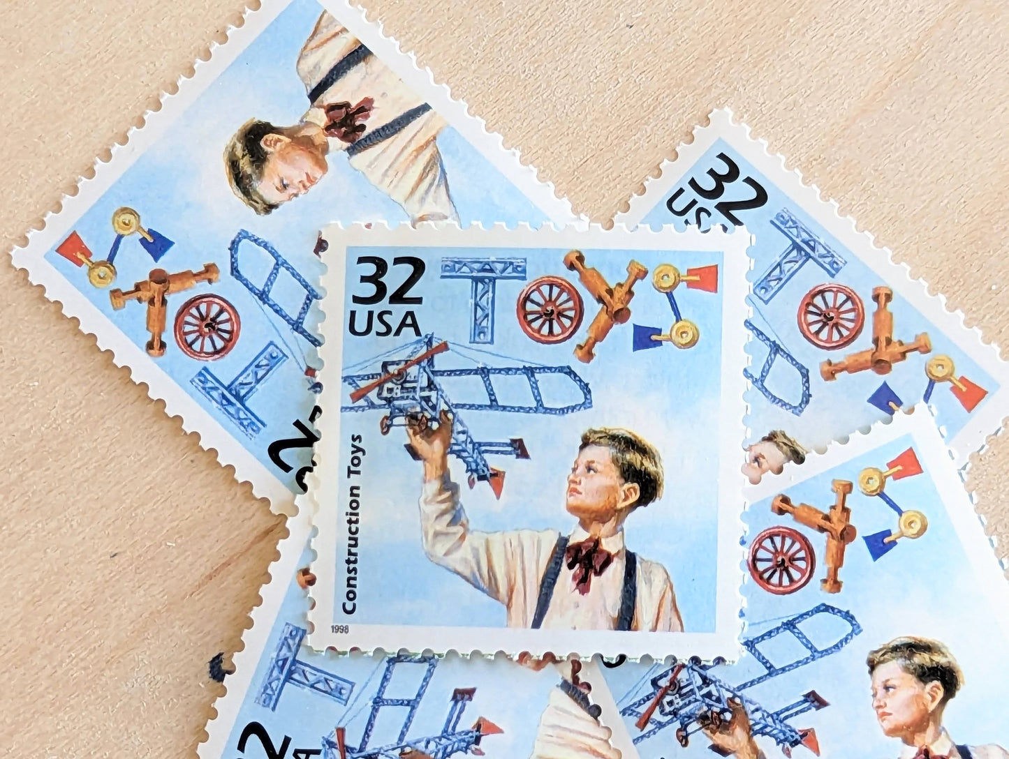 Construction Toys, Set of 5, Vintage Unused USPS 32 Cent Postage Stamps, 1910s Celebrate the Century Stamps 1998, Gummed
