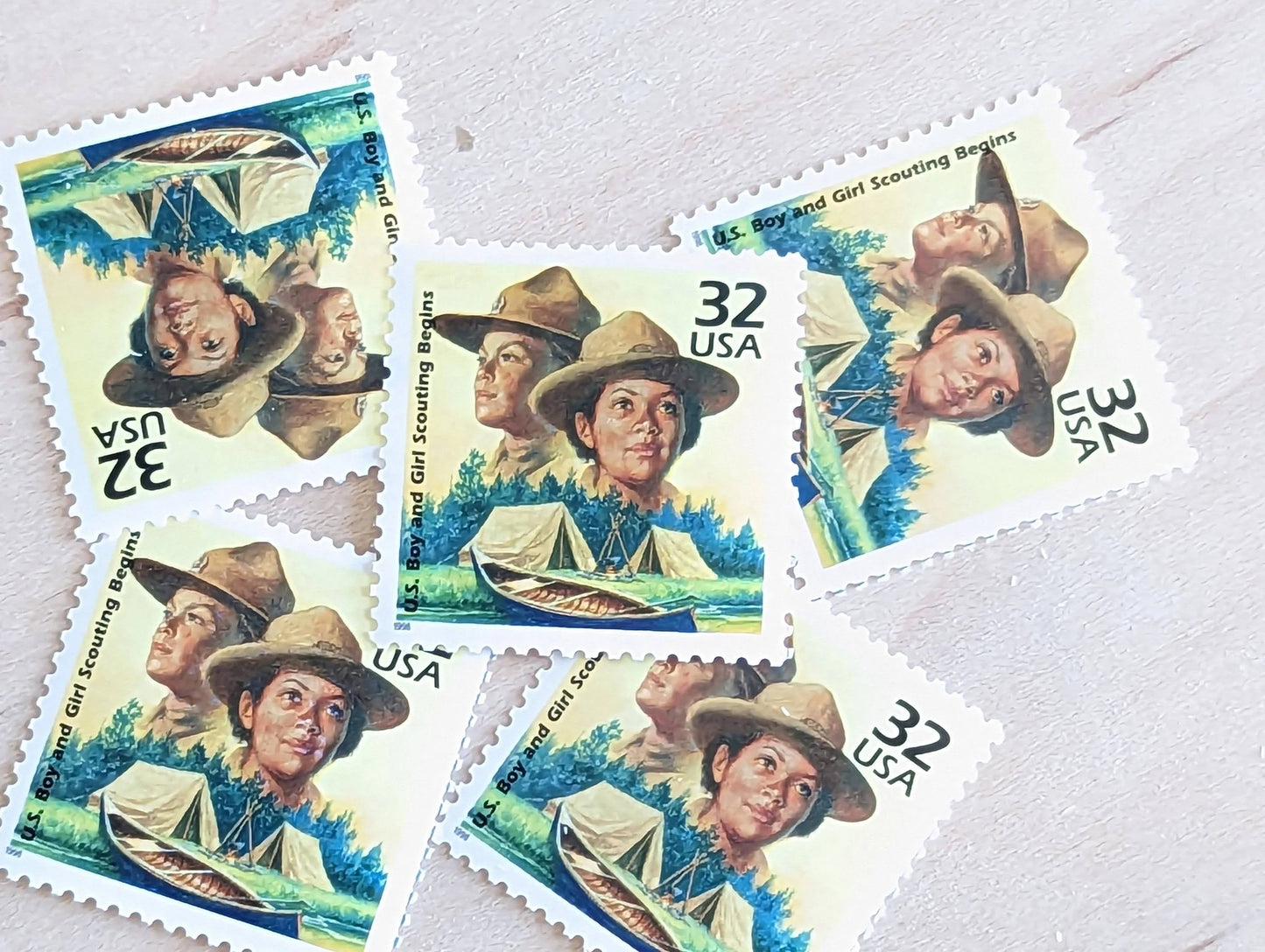 Boy and Girl Scouts of America, Set of 5, Vintage Unused USPS 32 Cent Postage Stamps, 1910s Celebrate the Century Series 1998, Gummed