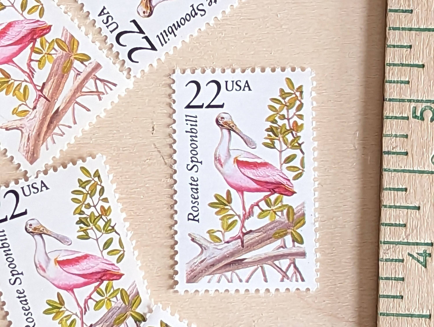 Roseate Spoonbill, Set of 5, Vintage Unused USPS 22 Cent Postage Stamps, North American Wildlife Series 1987, Gummed