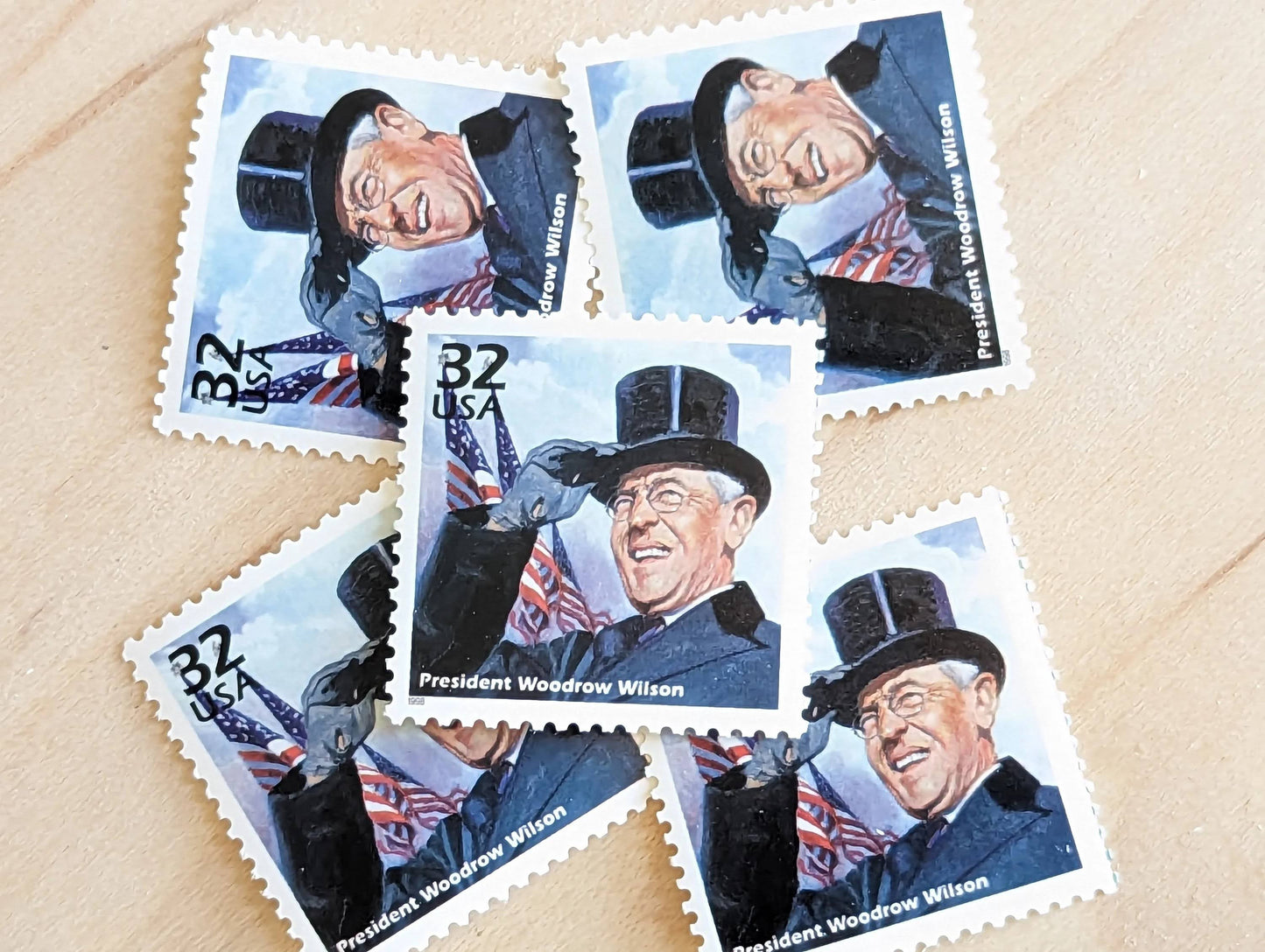 Woodrow Wilson, Set of 5, Vintage Unused USPS 32 Cent Postage Stamps, 1910s Celebrate the Century Series 1998, Gummed