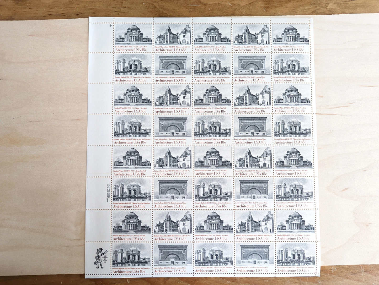 Architecture, Vintage Unused USPS 18 Cent Postage Stamps, American Architecture (Biltmore Asheville NC, NYU Library, Palace of Arts San Francisco, Bank Owatonna), 1981, Gummed