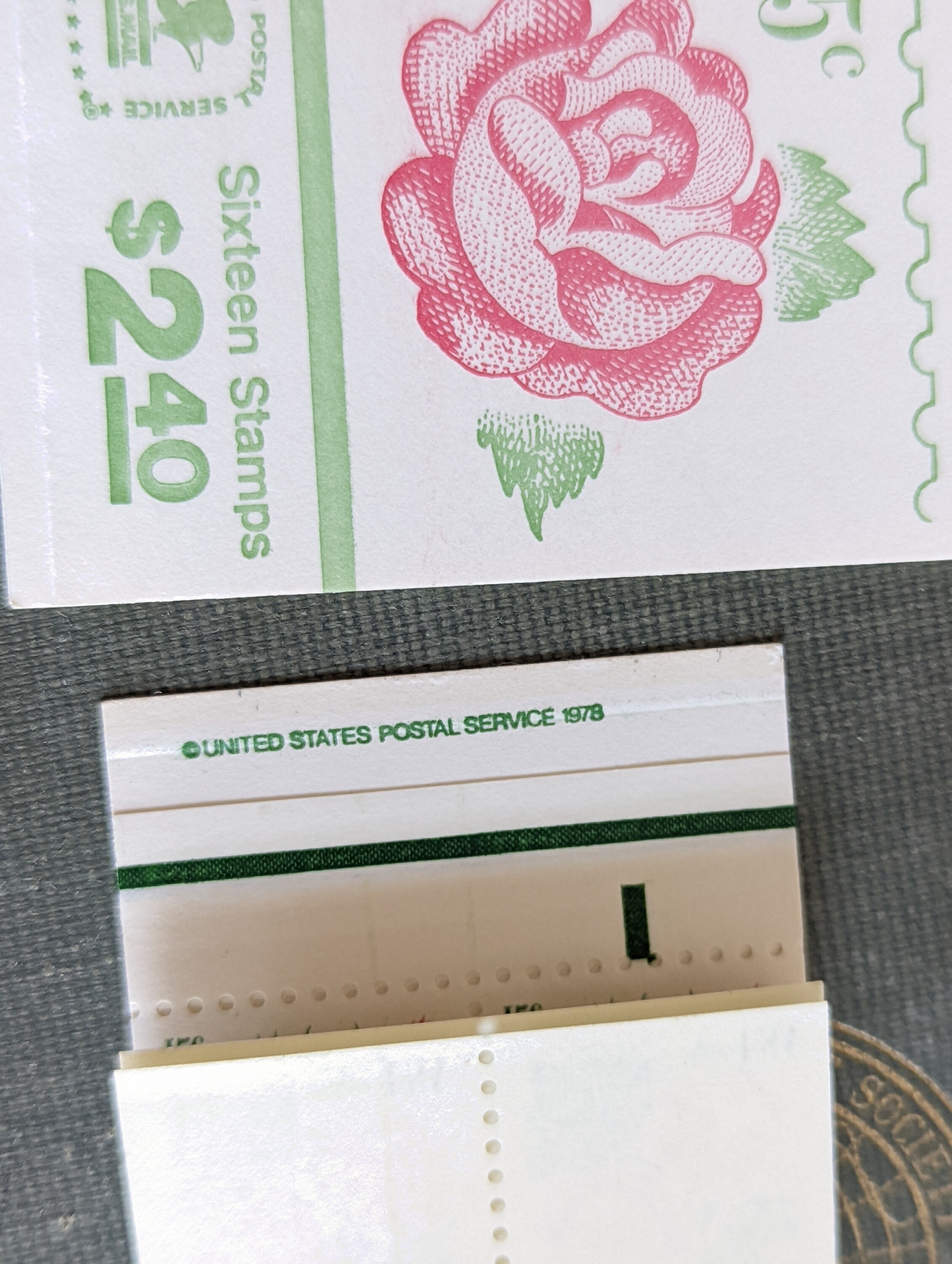Rose, Booklet of 16, Vintage Unused USPS 15 Cent Postage Stamps, Medallion Rose, 1978, Gummed