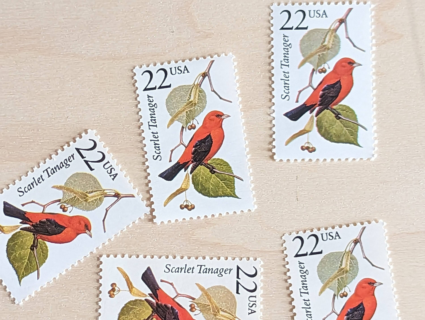 Scarlet Tanager, Set of 5, Vintage Unused USPS 22 Cent Postage Stamps, North American Wildlife Series 1987, Gummed