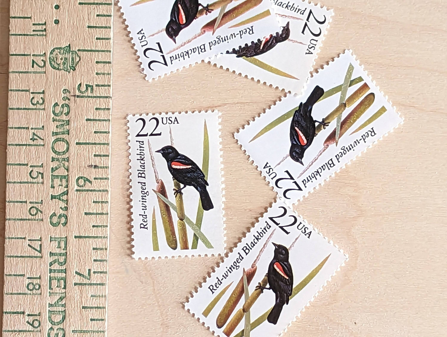 Red-Winged Blackbird, Set of 5, Vintage Unused USPS 22 Cent Postage Stamps, North American Wildlife Series 1987, Gummed