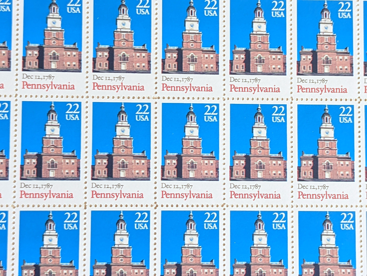 Pennsylvania Statehood Stamps, Vintage Unused USPS 22 Cent Postage Stamps, Statehood Stamps 1987, Gummed