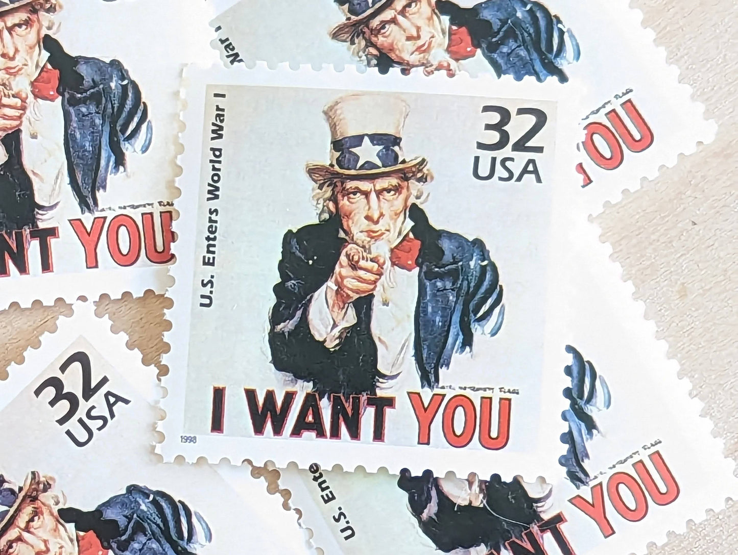WWI "I Want You", Set of 5, Vintage Unused USPS 32 Cent Postage Stamps, 1910s Celebrate the Century Series 1998, Gummed