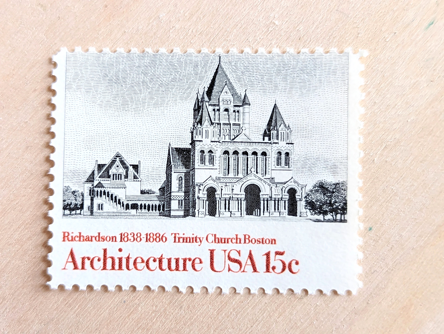 Architecture, Vintage Unused USPS 15 Cent Postage Stamps, American Architecture (Smithsonian, Trinity Church Boston, Penn Academy and Lyndhurst), 1980, Gummed