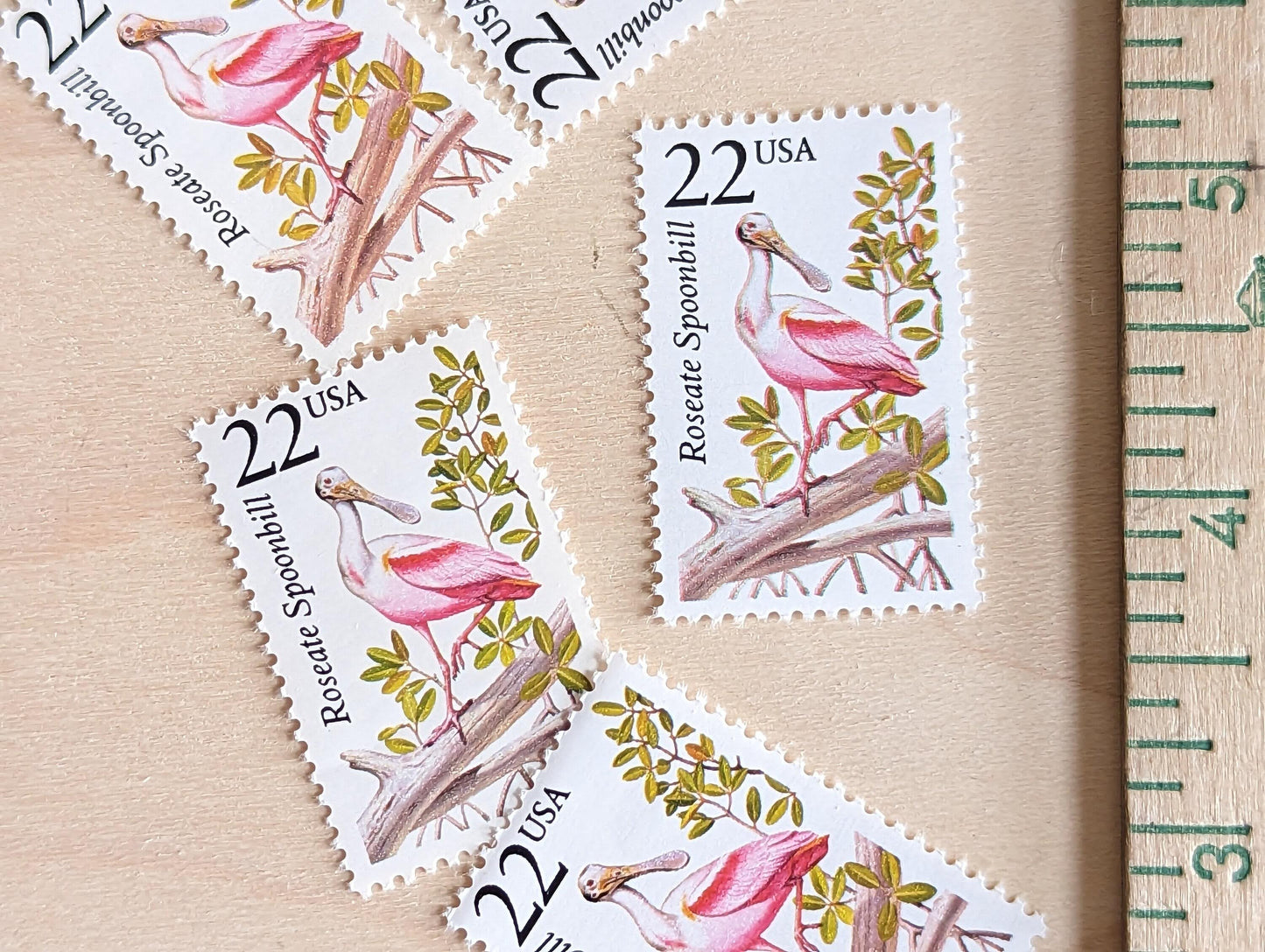 Roseate Spoonbill, Set of 5, Vintage Unused USPS 22 Cent Postage Stamps, North American Wildlife Series 1987, Gummed