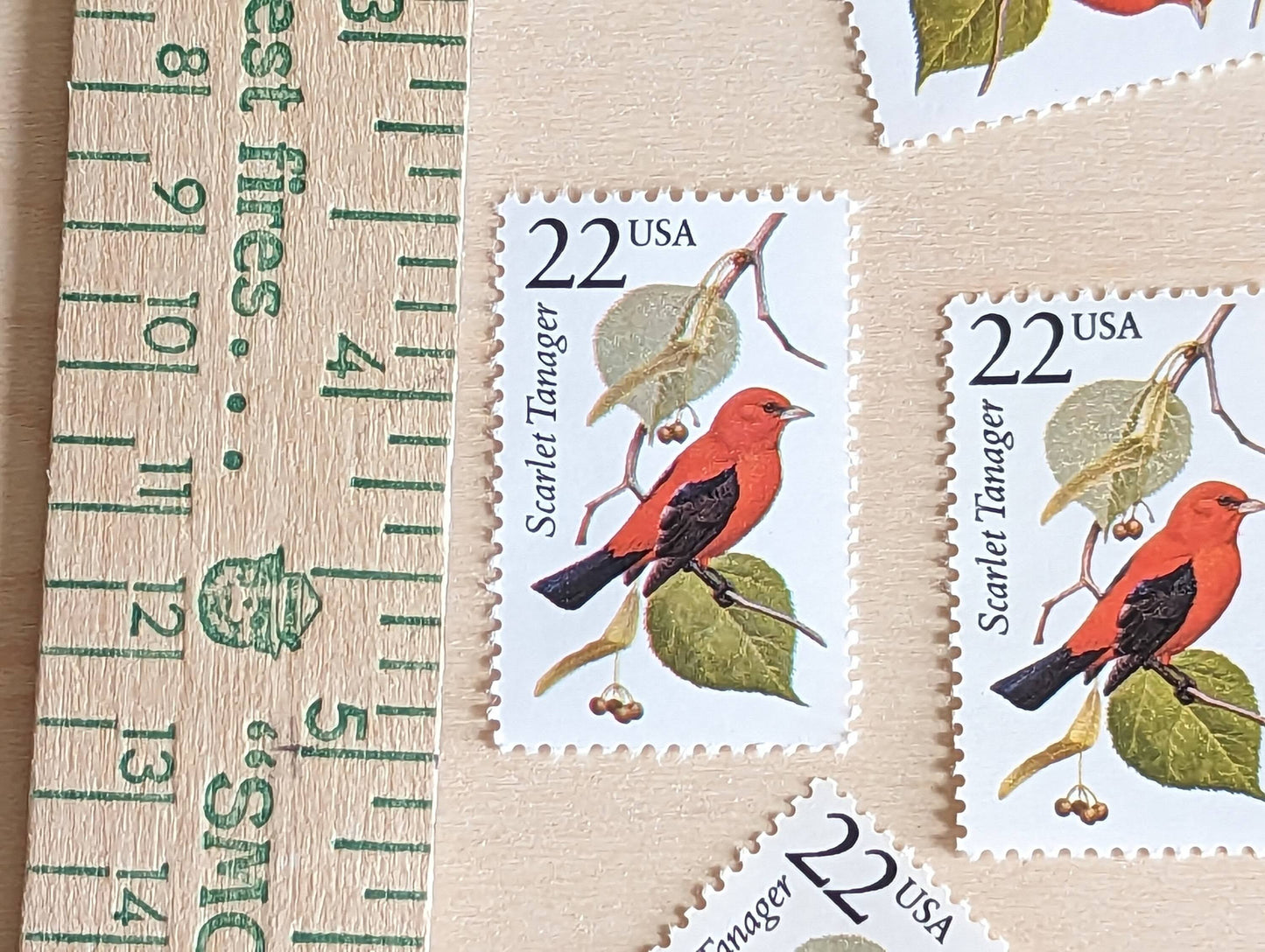 Scarlet Tanager, Set of 5, Vintage Unused USPS 22 Cent Postage Stamps, North American Wildlife Series 1987, Gummed