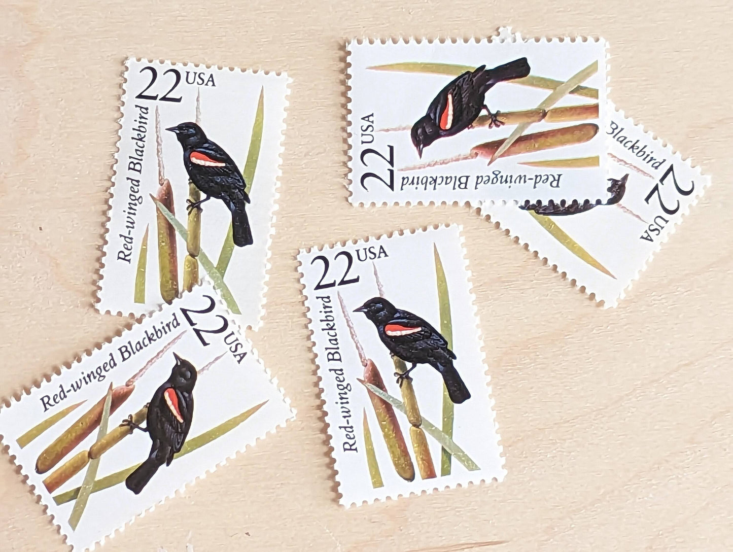 Red-Winged Blackbird, Set of 5, Vintage Unused USPS 22 Cent Postage Stamps, North American Wildlife Series 1987, Gummed