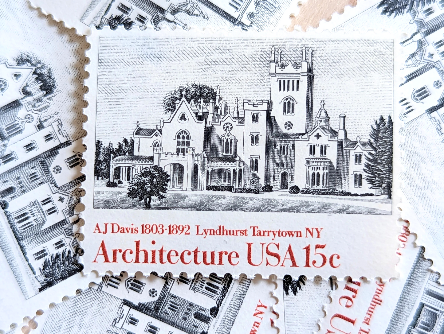 Architecture, Vintage Unused USPS 15 Cent Postage Stamps, American Architecture (Smithsonian, Trinity Church Boston, Penn Academy and Lyndhurst), 1980, Gummed