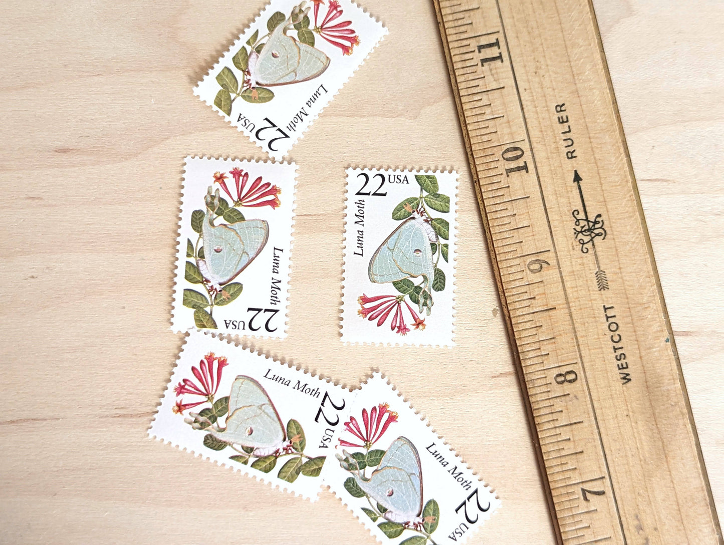 Luna Moth, Set of 5, Vintage Unused USPS 22 Cent Postage Stamps, North American Wildlife Series 1987, Gummed