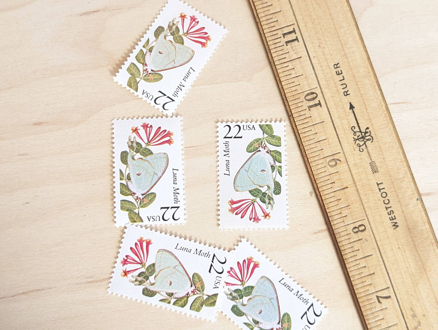 Luna Moth, Set of 5, Vintage Unused USPS 22 Cent Postage Stamps, North American Wildlife Series 1987, Gummed