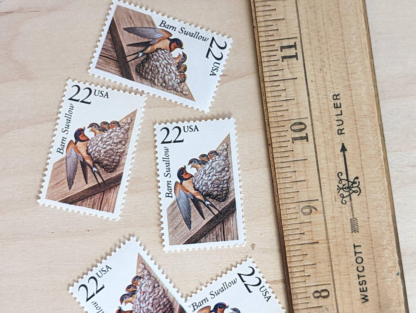 Barn Swallow, Set of 5, Vintage Unused USPS 22 Cent Postage Stamps, North American Wildlife Series 1987, Bird Nest Stamp, Gummed