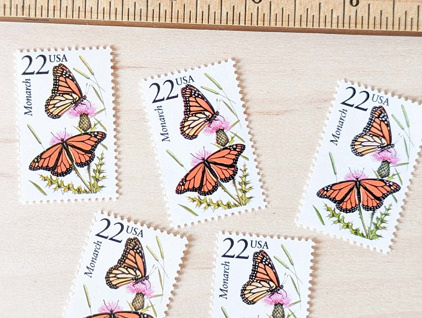 Monarch, Set of 5, Vintage Unused USPS 22 Cent Postage Stamps, North American Wildlife Series 1987, Gummed