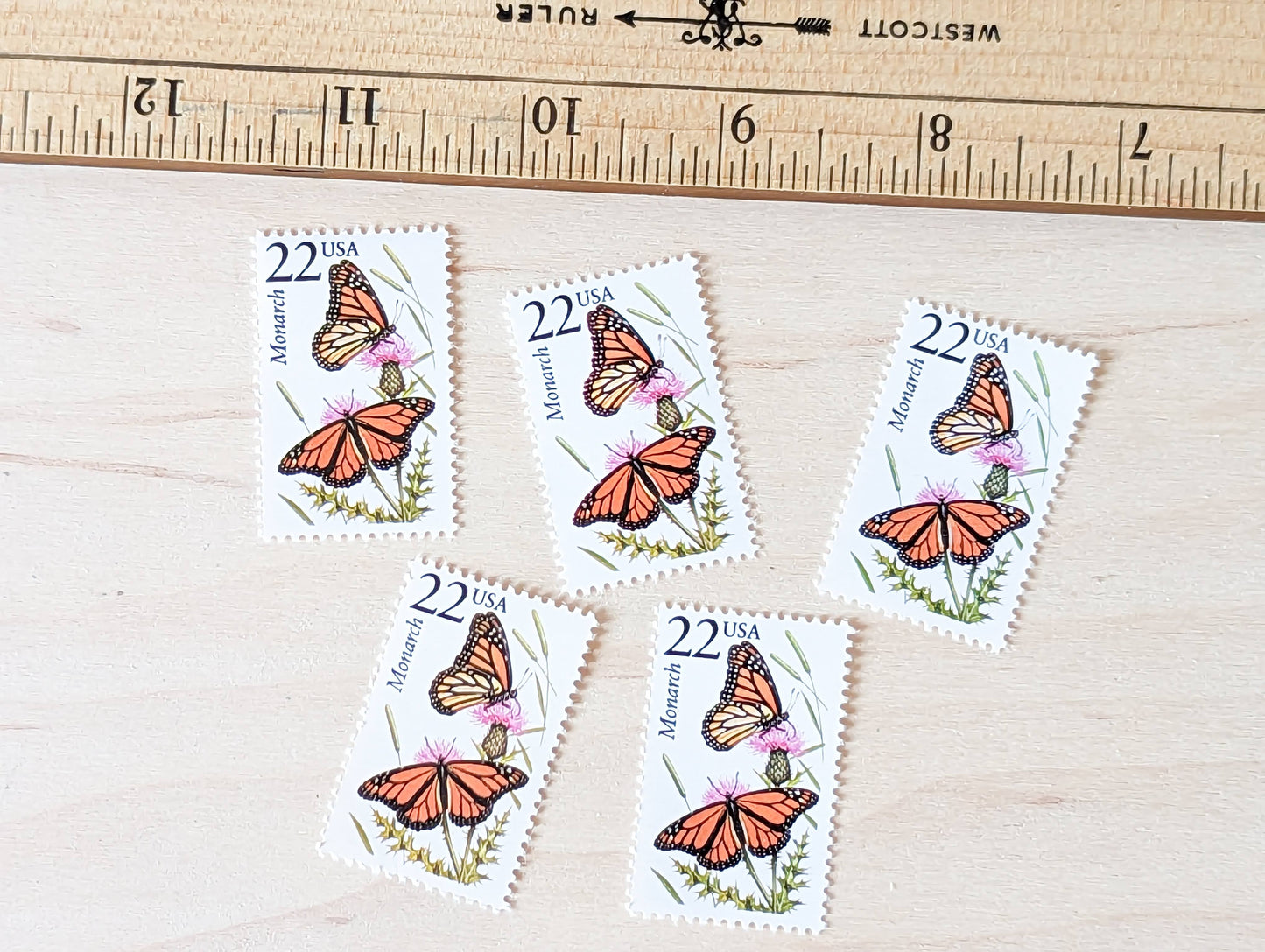 Monarch, Set of 5, Vintage Unused USPS 22 Cent Postage Stamps, North American Wildlife Series 1987, Gummed