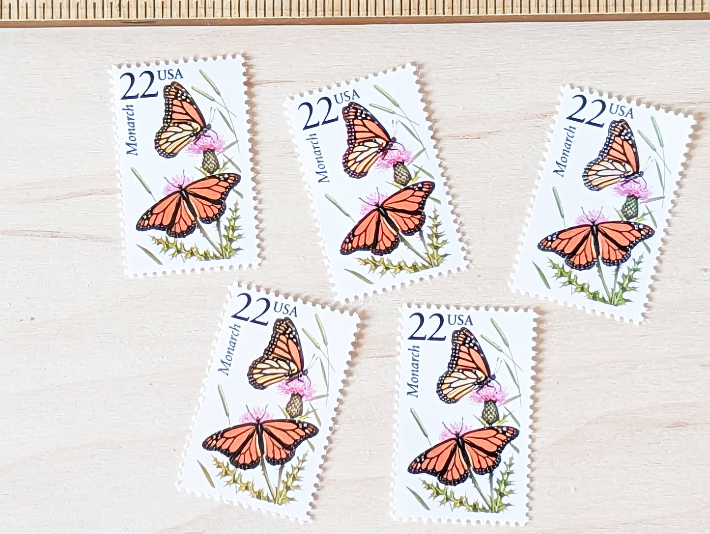 Monarch, Set of 5, Vintage Unused USPS 22 Cent Postage Stamps, North American Wildlife Series 1987, Gummed