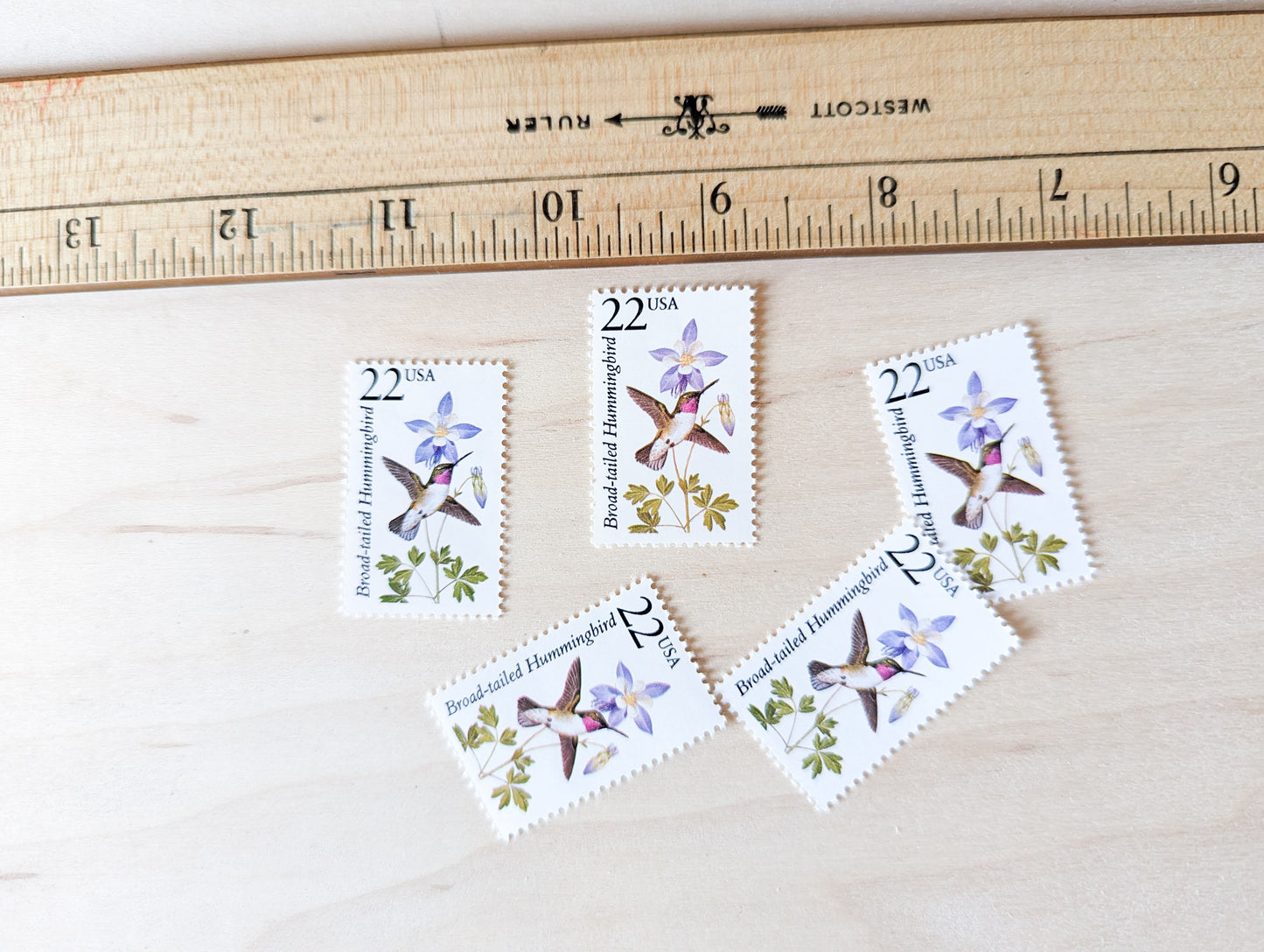 Broad-tailed Hummingbird, Set of 5, Vintage Unused USPS 22 Cent Postage Stamps, North American Wildlife Series 1987, Gummed