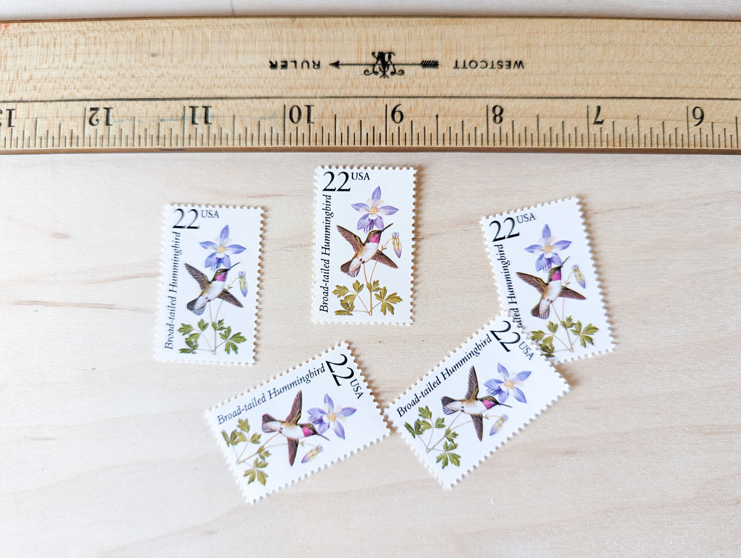 Broad-tailed Hummingbird, Set of 5, Vintage Unused USPS 22 Cent Postage Stamps, North American Wildlife Series 1987, Gummed