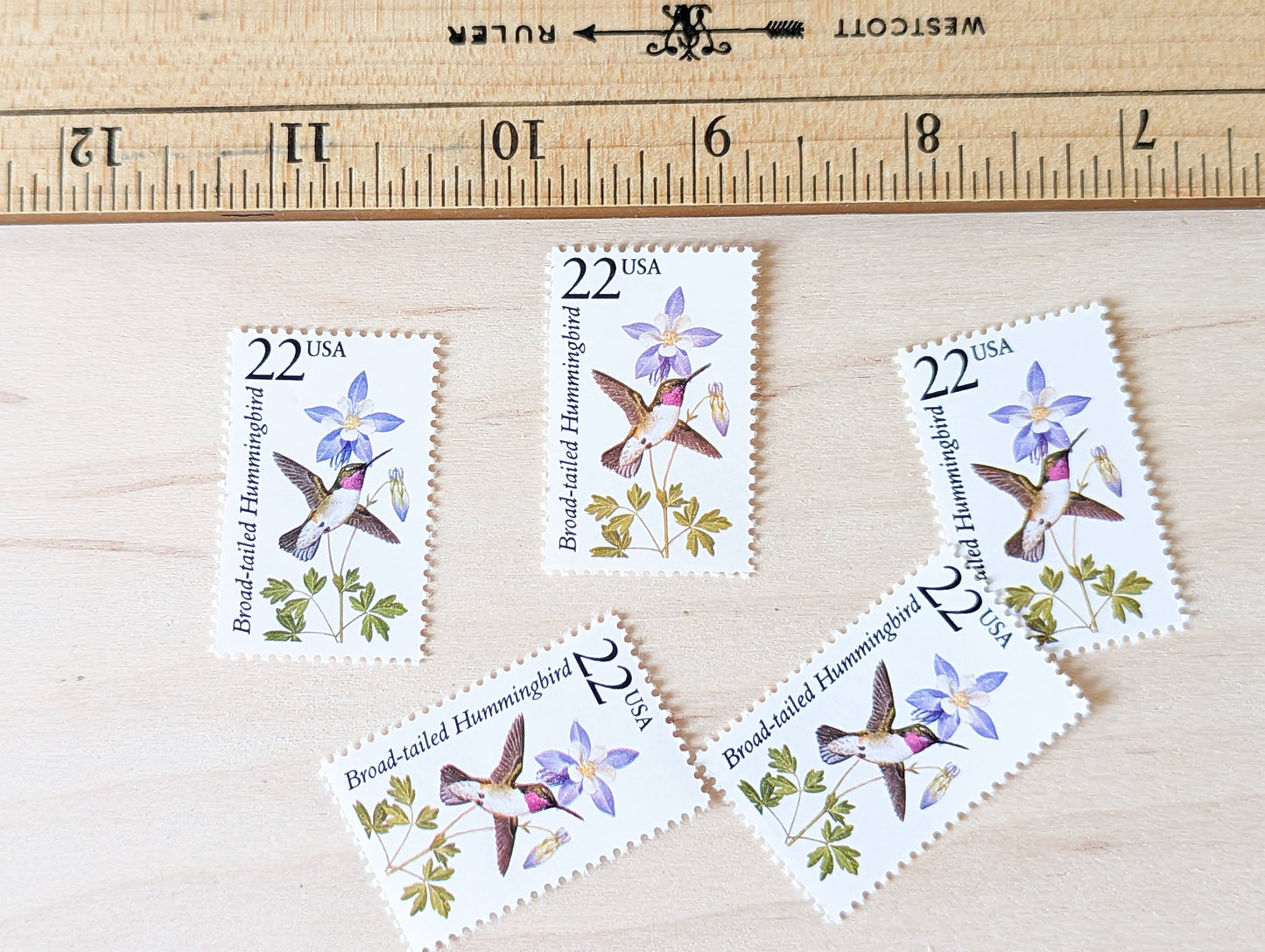 Broad-tailed Hummingbird, Set of 5, Vintage Unused USPS 22 Cent Postage Stamps, North American Wildlife Series 1987, Gummed