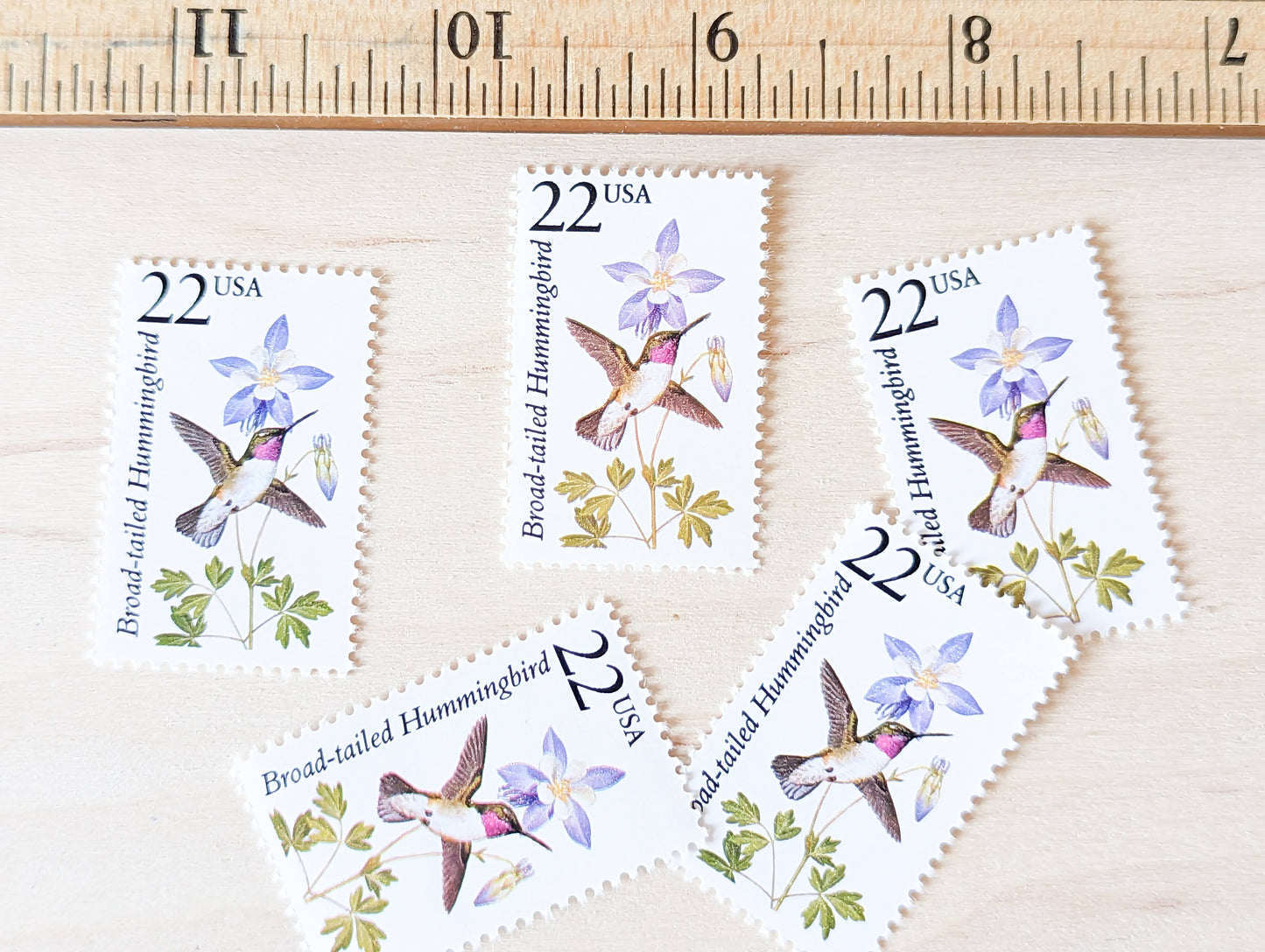 Broad-tailed Hummingbird, Set of 5, Vintage Unused USPS 22 Cent Postage Stamps, North American Wildlife Series 1987, Gummed
