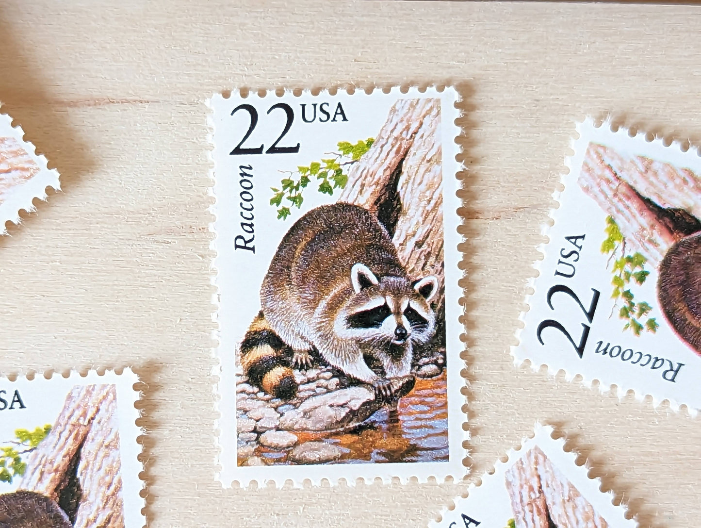 Raccoon, Set of 5, Vintage Unused USPS 22 Cent Postage Stamps, North American Wildlife Series 1987, Gummed
