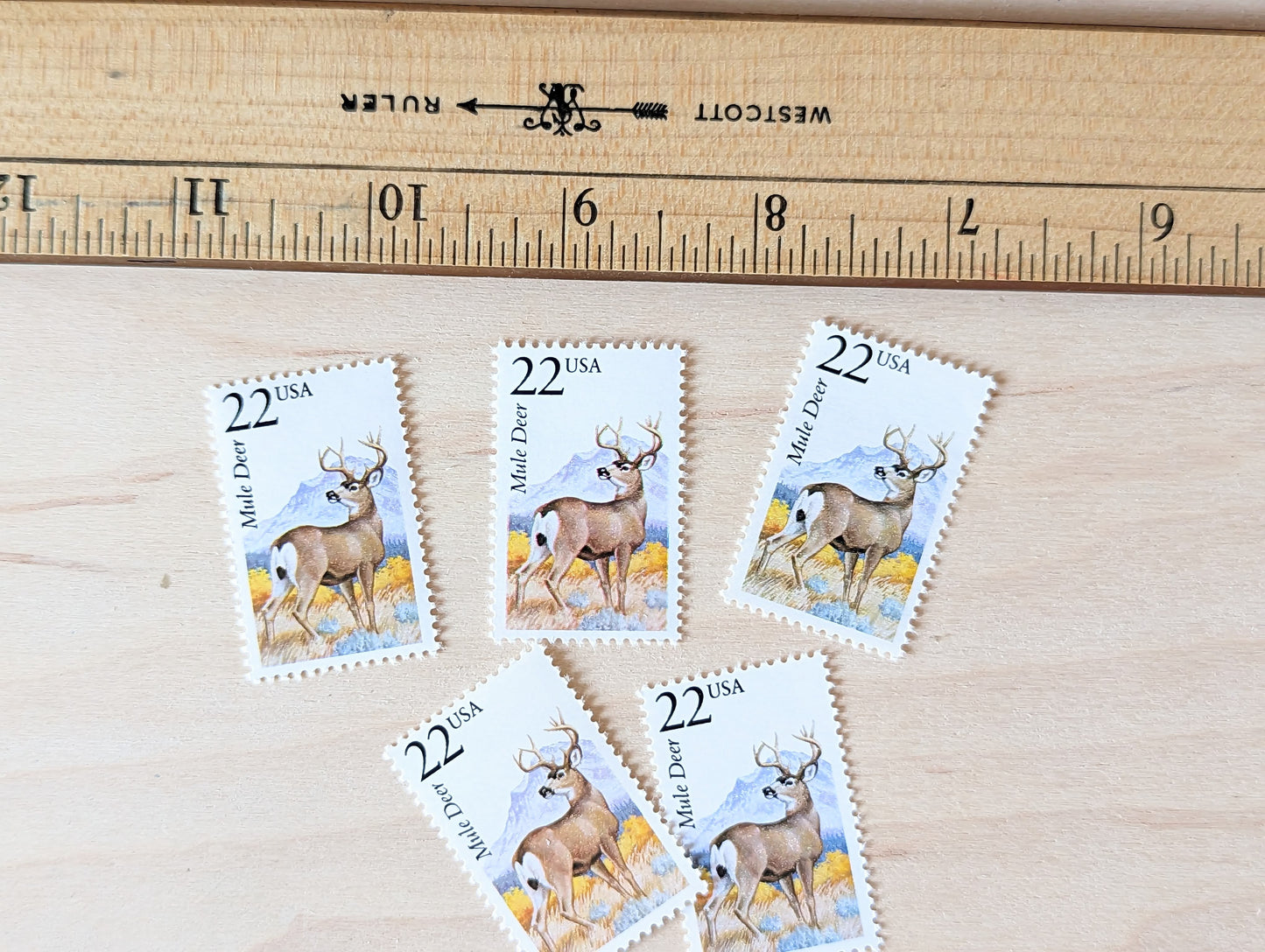 Mule Deer, Set of 5, Vintage Unused USPS 22 Cent Postage Stamps, North American Wildlife Series 1987, Gummed