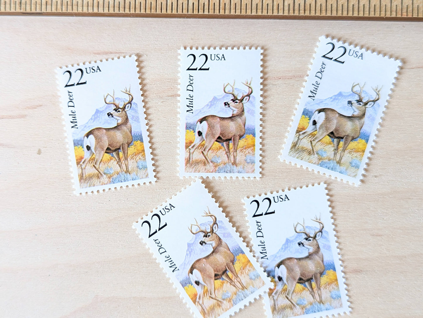 Mule Deer, Set of 5, Vintage Unused USPS 22 Cent Postage Stamps, North American Wildlife Series 1987, Gummed