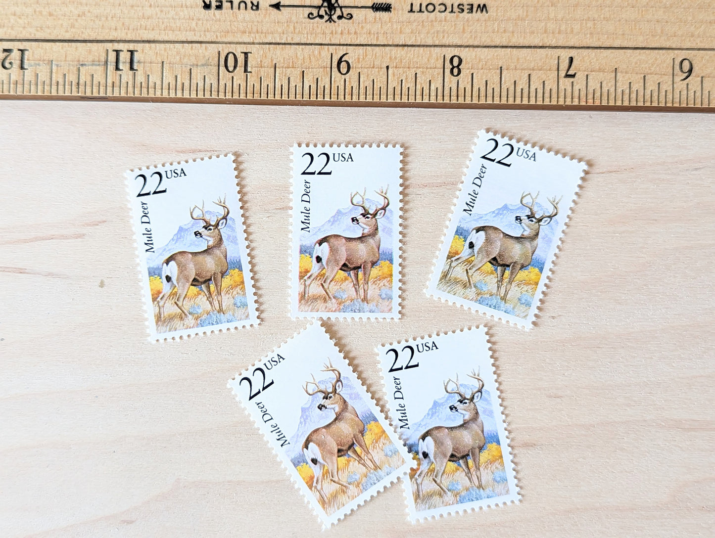 Mule Deer, Set of 5, Vintage Unused USPS 22 Cent Postage Stamps, North American Wildlife Series 1987, Gummed