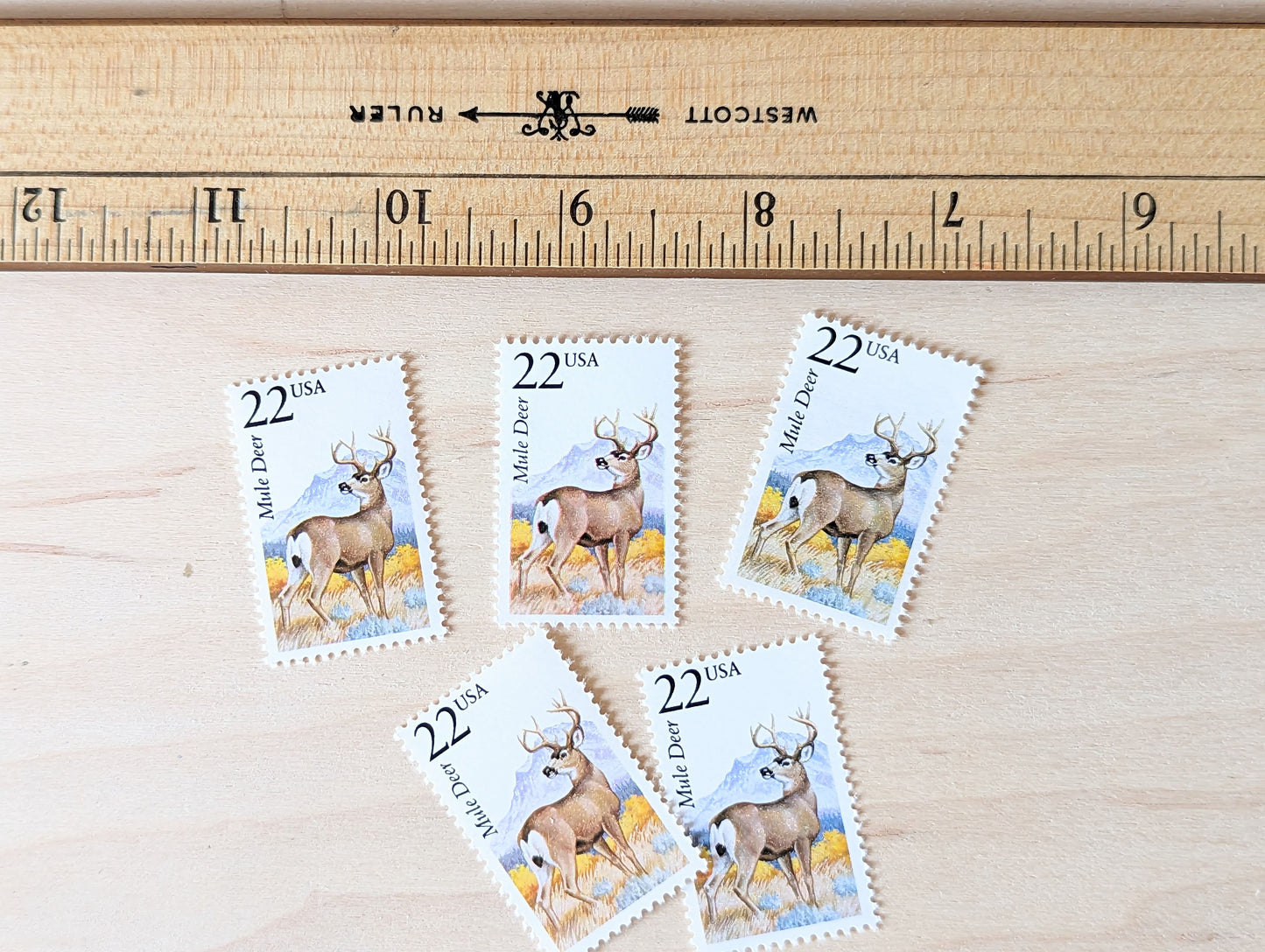 Mule Deer, Set of 5, Vintage Unused USPS 22 Cent Postage Stamps, North American Wildlife Series 1987, Gummed