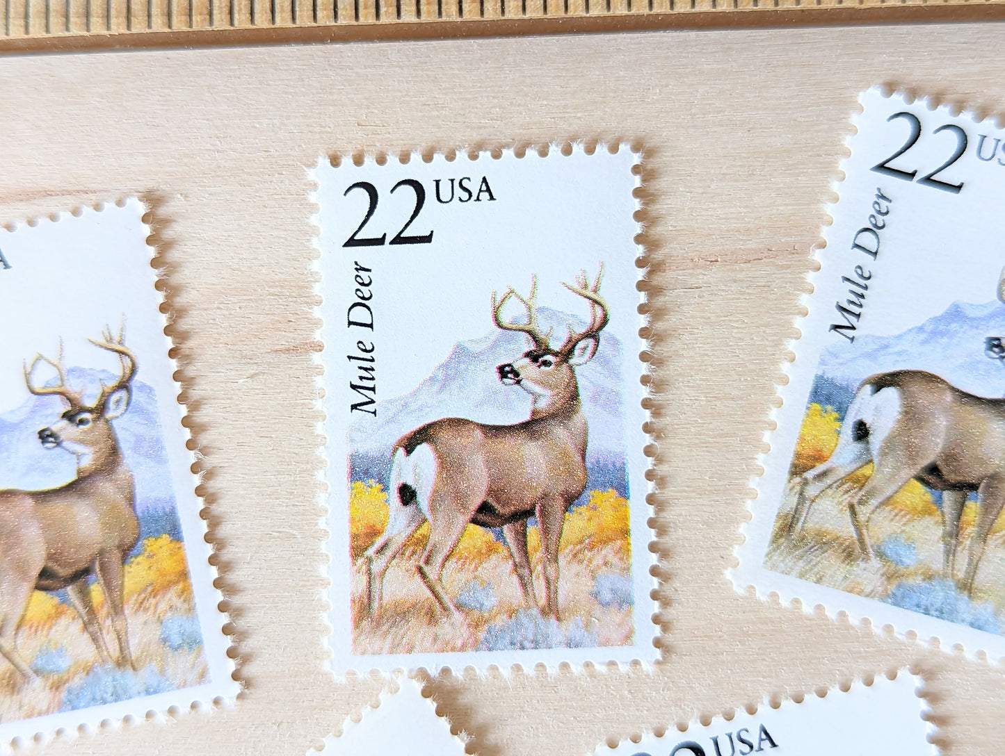 Mule Deer, Set of 5, Vintage Unused USPS 22 Cent Postage Stamps, North American Wildlife Series 1987, Gummed