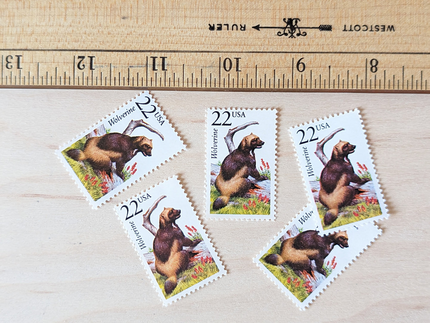 Wolverine, Set of 5, Vintage Unused USPS 22 Cent Postage Stamps, North American Wildlife Series 1987, Gummed
