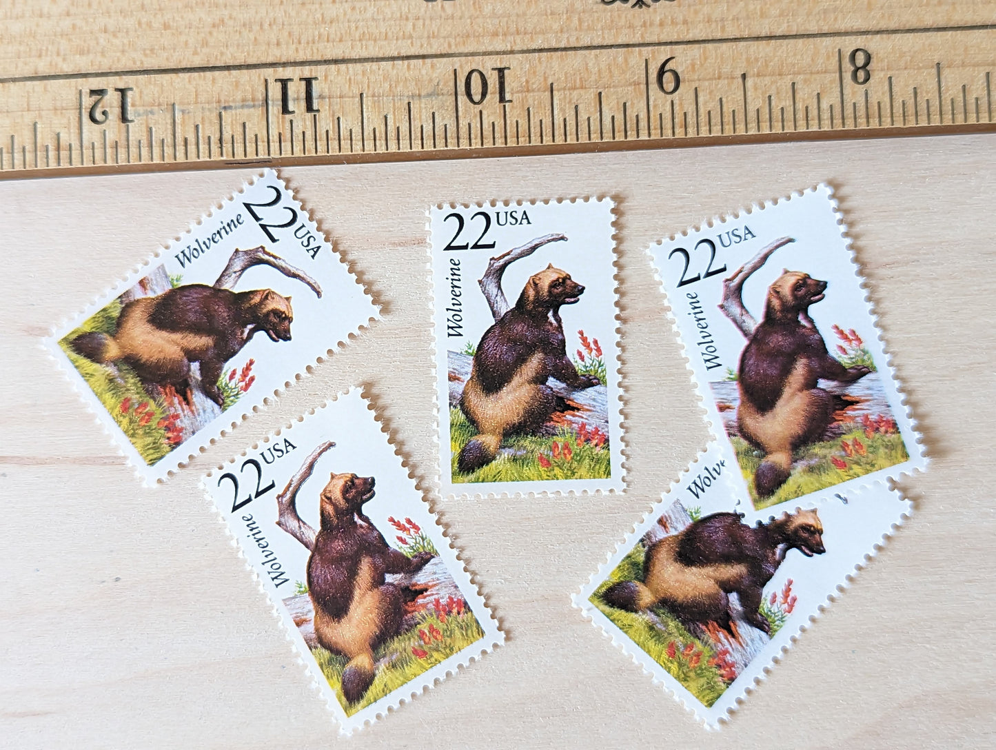 Wolverine, Set of 5, Vintage Unused USPS 22 Cent Postage Stamps, North American Wildlife Series 1987, Gummed