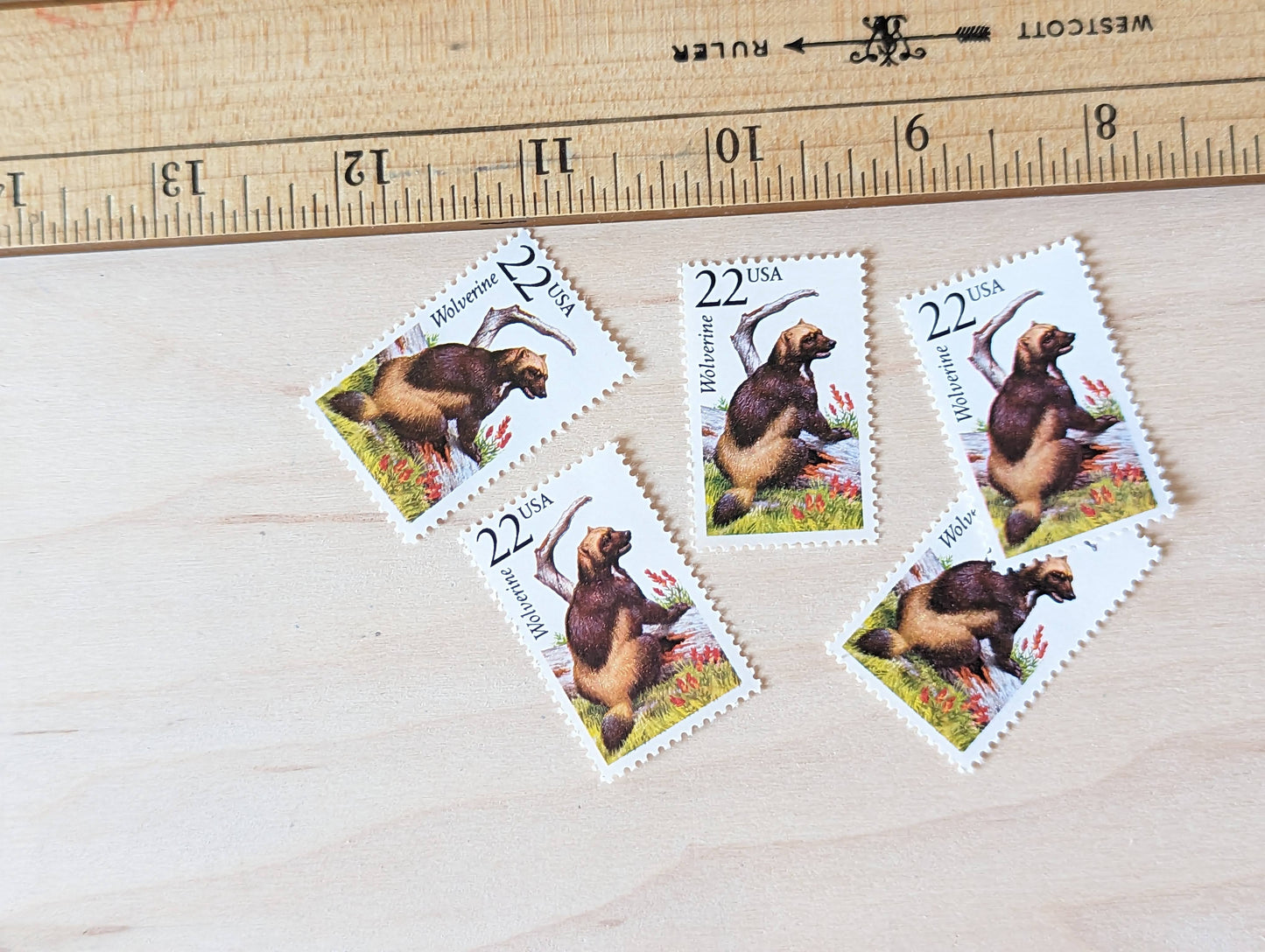 Wolverine, Set of 5, Vintage Unused USPS 22 Cent Postage Stamps, North American Wildlife Series 1987, Gummed