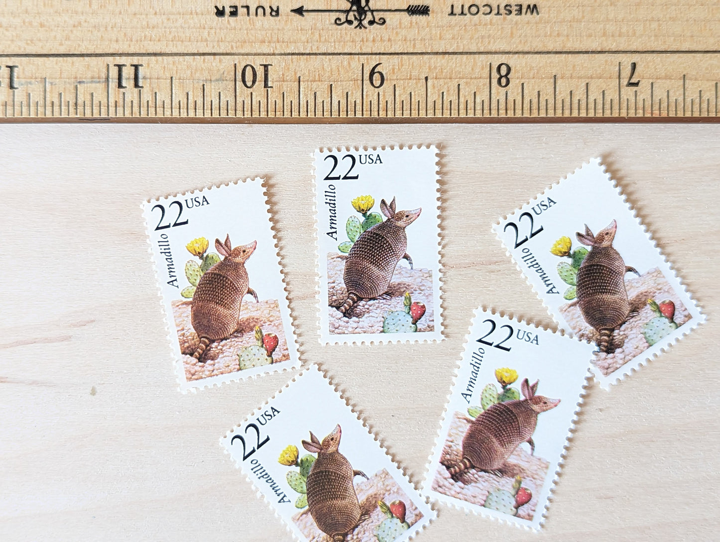 Armadillo Set of 5, Vintage Unused USPS 22 Cent Postage Stamps, North American Wildlife Series 1987, Gummed