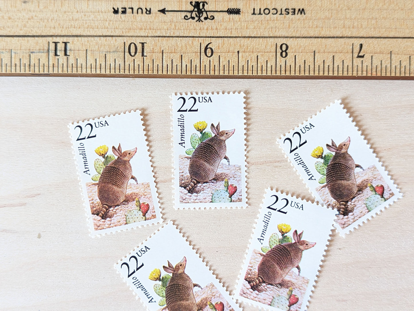 Armadillo Set of 5, Vintage Unused USPS 22 Cent Postage Stamps, North American Wildlife Series 1987, Gummed