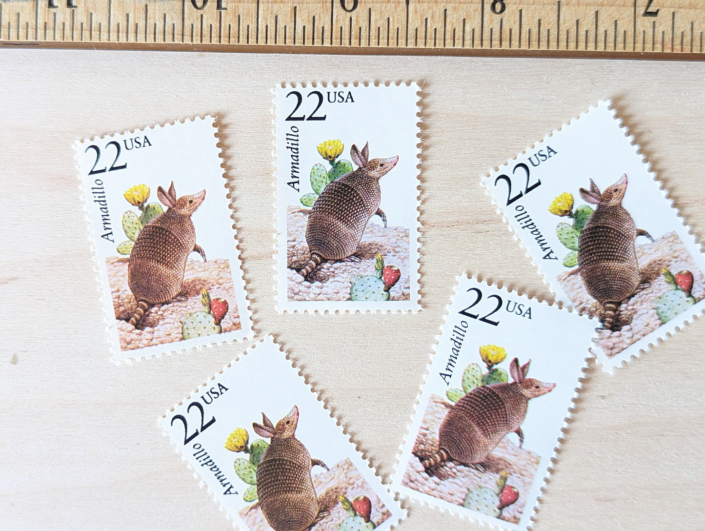 Armadillo Set of 5, Vintage Unused USPS 22 Cent Postage Stamps, North American Wildlife Series 1987, Gummed