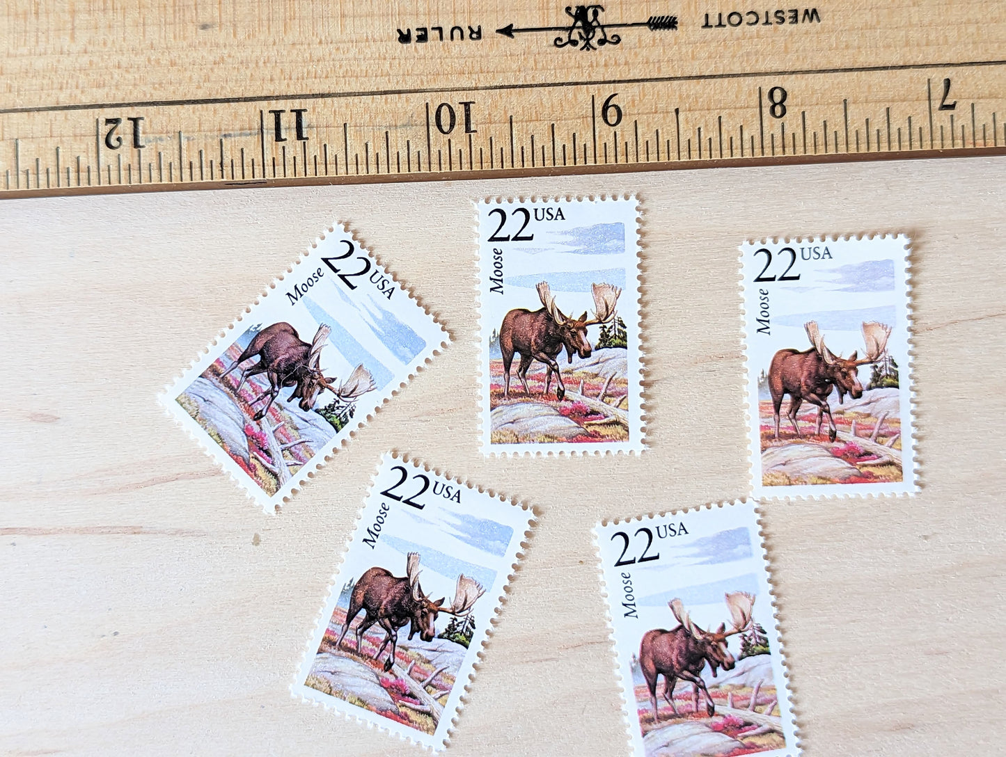 Moose, Set of 5, Vintage Unused USPS 22 Cent Postage Stamps, North American Wildlife Series 1987, Gummed