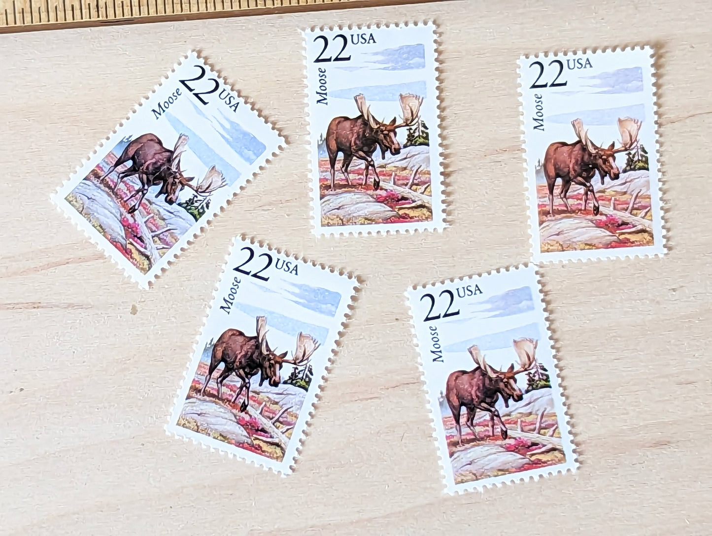 Moose, Set of 5, Vintage Unused USPS 22 Cent Postage Stamps, North American Wildlife Series 1987, Gummed