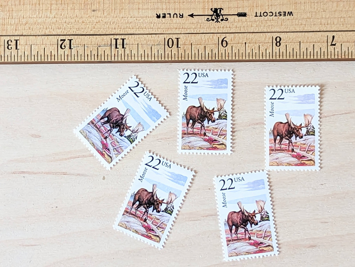 Moose, Set of 5, Vintage Unused USPS 22 Cent Postage Stamps, North American Wildlife Series 1987, Gummed