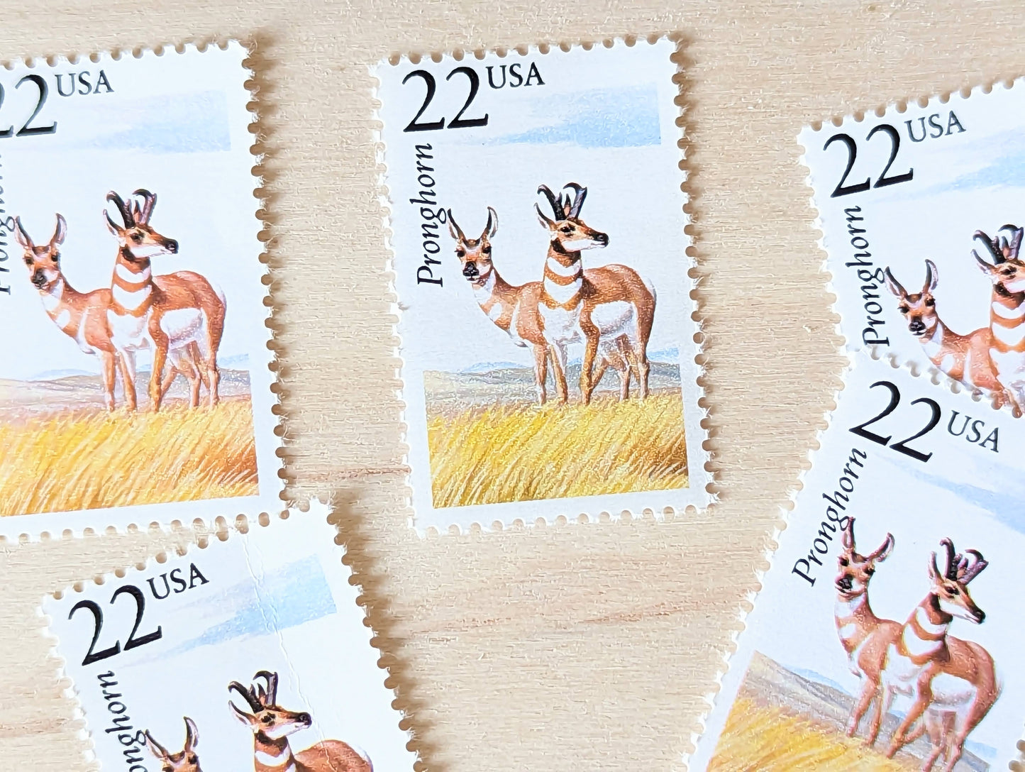Pronghorn, Set of 5, Vintage Unused USPS 22 Cent Postage Stamps, North American Wildlife Series 1987, Gummed