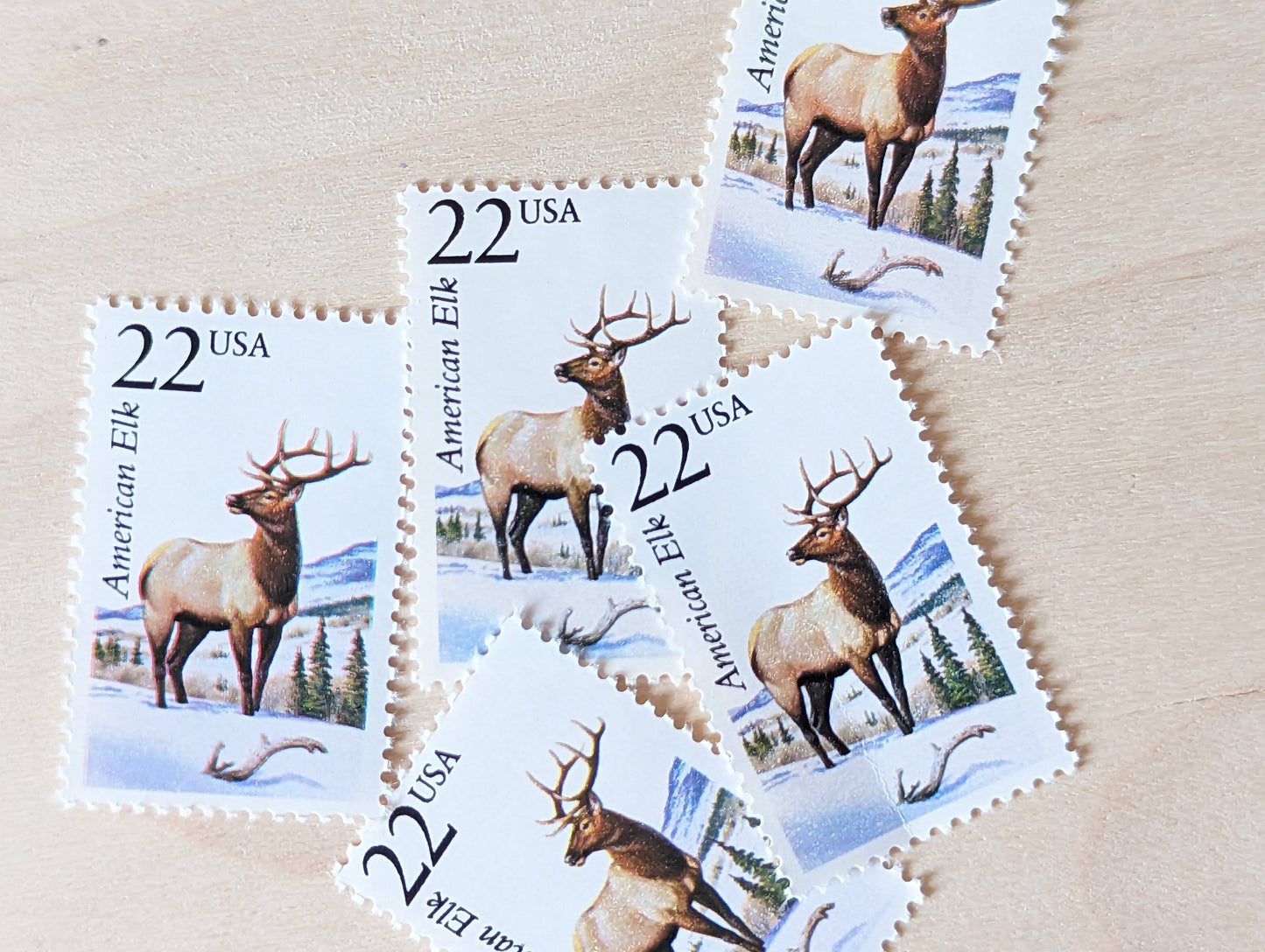 American Elk, Set of 5, Vintage Unused USPS 22 Cent Postage Stamps, North American Wildlife Series 1987, Gummed